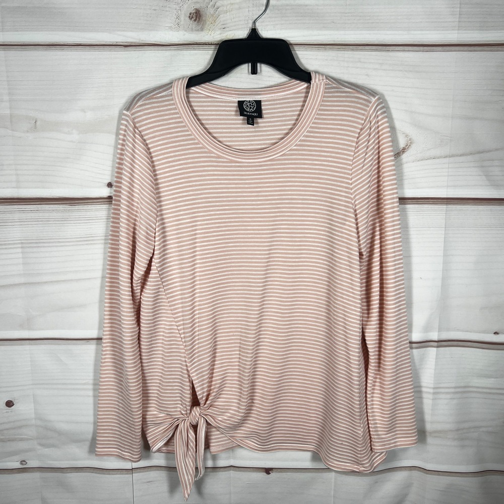 Bobeau Striped Tie Front Long Sleeve Top Womens Small‎ Pink White Knit Pullover